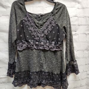 Panitti Lace Knit LS Large stretch top sweater Tunic shirt black gray